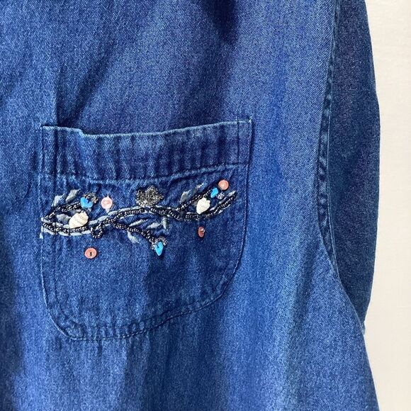 Vintage CST Blues Blue Denim Button-Up Shirt with Floral Embroidery Shells 3X - Picture 2 of 8
